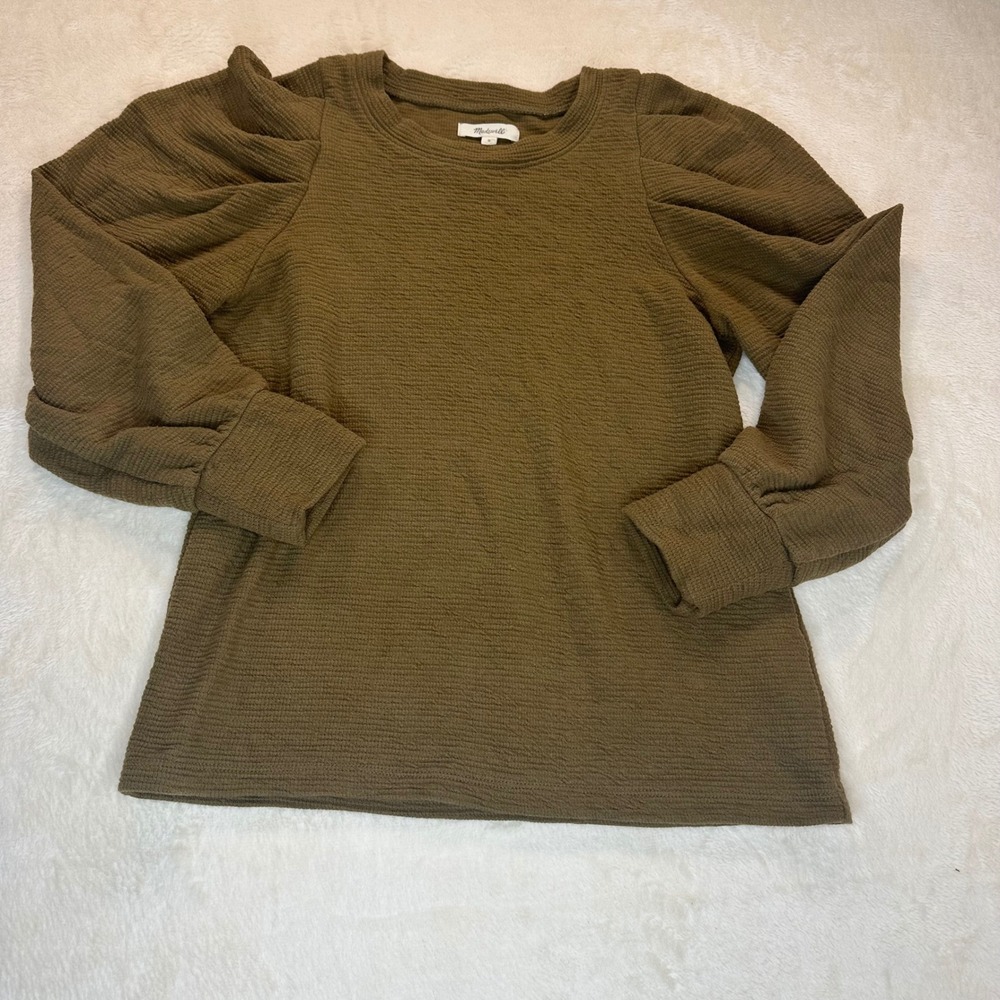 Madewell Olive/Brown Puff Sleeve Textured Waffle Knit Top NC640 Womens Small